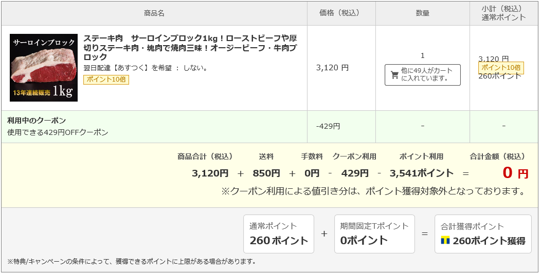 税金支払いでサーロインステーキ1kgのタダポチ手順