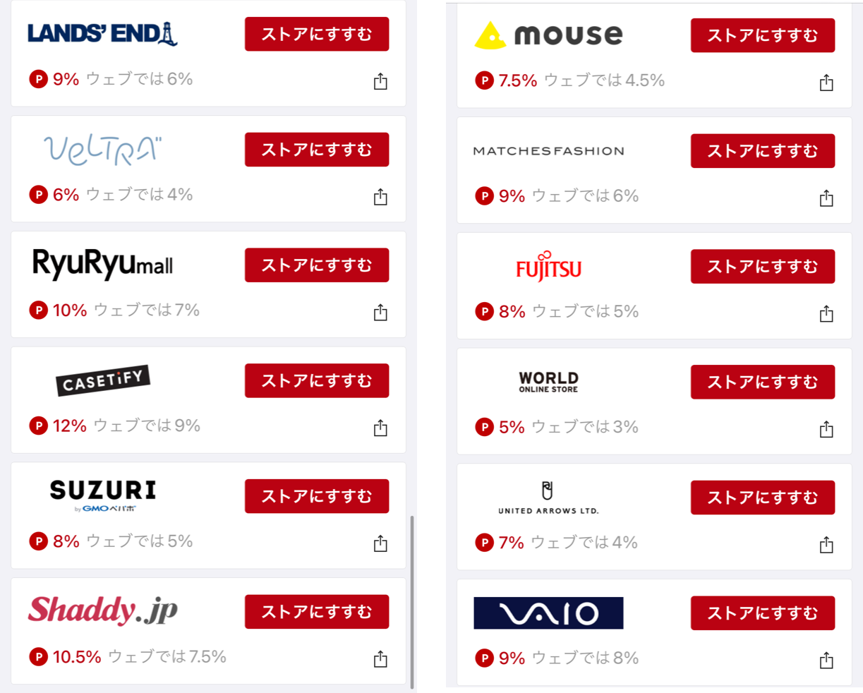 楽天リーベイツポイントアップストア一覧