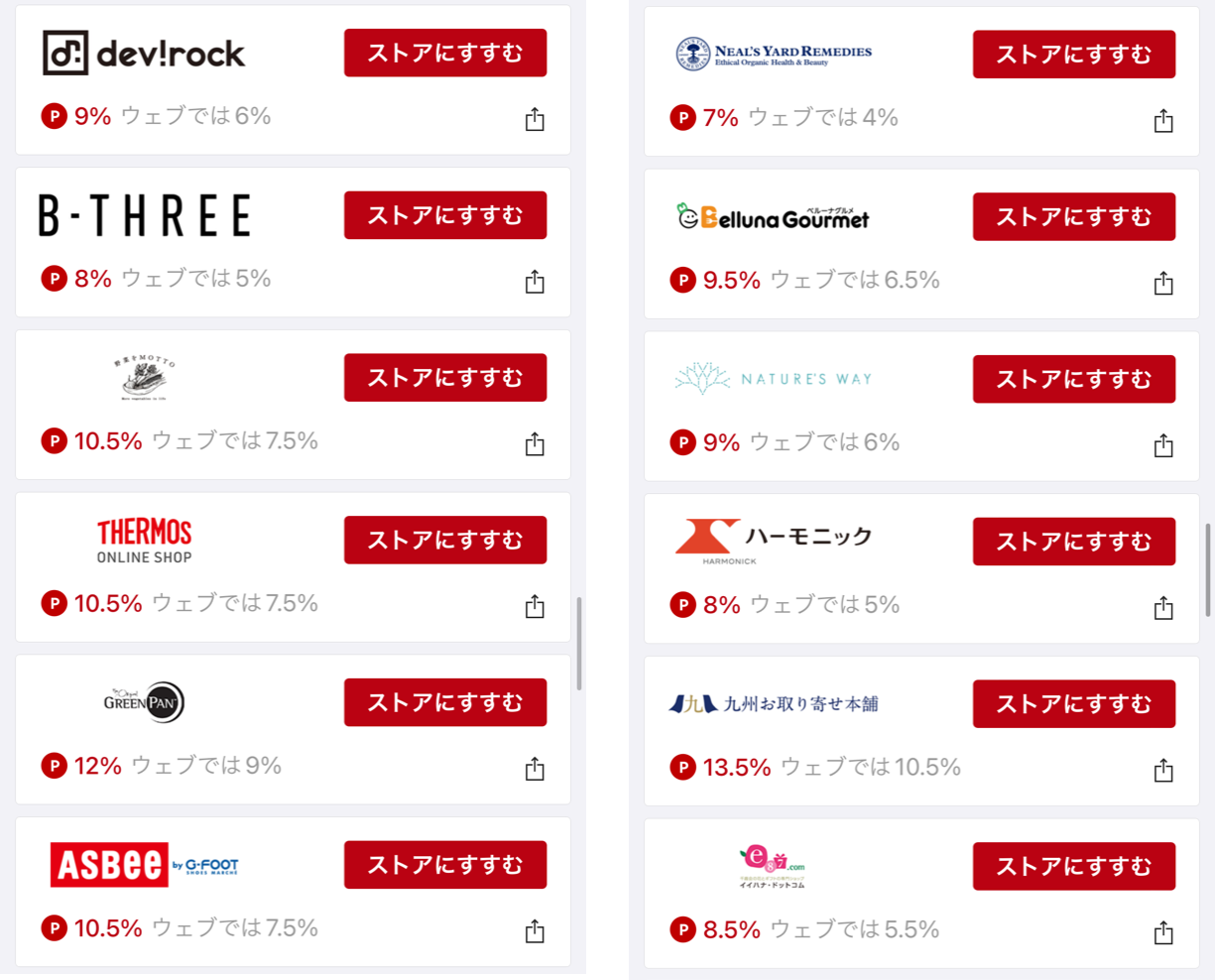 楽天リーベイツポイントアップストア一覧